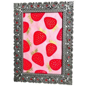 PIER 1 Beaded Metal Picture Frame Silver Red Filigree Wall Tabletop 5x7